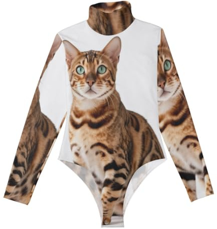 GuoChe långärmad sexig kroppsdräkt för kvinnor elegant prickig bengal katt, Elegant fläckig bengal katt, S