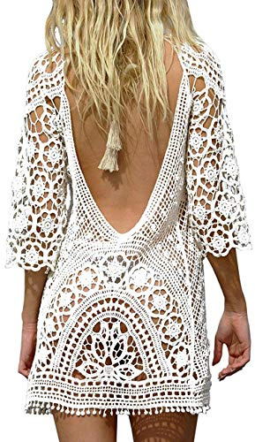 Femme Mini Robes de Plage Tunique Pull Kimono Bohême Mode Dos Nu Bikini Cover Up Crochet Blouse Taille Unique