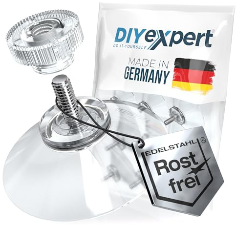 DIYexpert® - Ganci con Ventosa, Diametro 30 mm, con Filettatura M4 x 10 mm, 12 Pezzi, con Dadi zigrinati Trasparenti, Realizzati in Germania