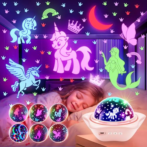 One Fire Unicorns Gifts for Girls Toys,6 Films Unicorn Night Light Projector for Bedroom,Rechargeable Night Light for Girls,360° Rotating Butterfly Lamp for Bedroom,Unicorn Toys Mermaid Princess Gifts