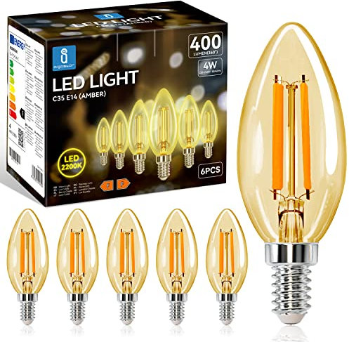 Aigostar Bombilla LED vela Edison, 4W Equivalente a 35W, Casquillo Fino E14, Luz Cálida 2200K, 400 Lúmenes, Bombilla LED Vintage Decorativa C35 de Filamento, No Regulable, Cristal ámbar, Pack 6