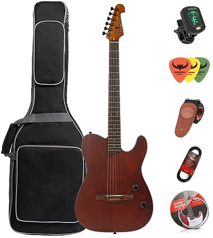 Guitarra acústica silenciosa con pastillas integradas portátil, eléctrica y acústica guitarra clásica para músico viajero y principiante incluye: funda, correa, cuerdas de acero, cable y púas (Marrón)