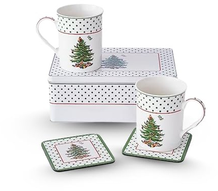 Spode Christmas Tree Polka Dot Mug & Coaster Set with Tin Box (5-Piece Set) - Festive Holiday Gift Set for Tea Lovers - Elegant Porcelain Mugs & Cork-Backed Coasters - Dishwasher & Microwave Safe