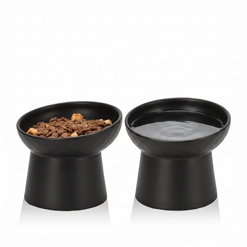 YauYik Ceramic Raised Cat Bowls, Elevated Tilted Cat Food and Water Bowls Set, Stress Free Pet Feeding Dish for Indoor Cats and Small Dogs, Anti Vomiting, Black, 2 Pack