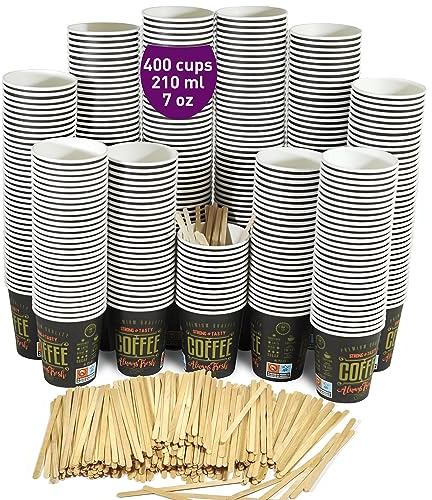 GoBeTree 400 Vasos Desechables Café de Papel Cartón 210ml / 7 oz con Paletinas de Madera: Vasos para Café para Corto, Lungo, Expreso. Para Oficinas y Hogares