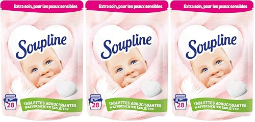 SOUPLINE - Tablettes Adoucissantes Cœurs Hypoallergéniques - 0% Parfum - 91% d'Ingrédients d'Origine Naturelle - Testées Dermatologiquement - 28 Tablettes : 28 Lavages (Lot de 3)