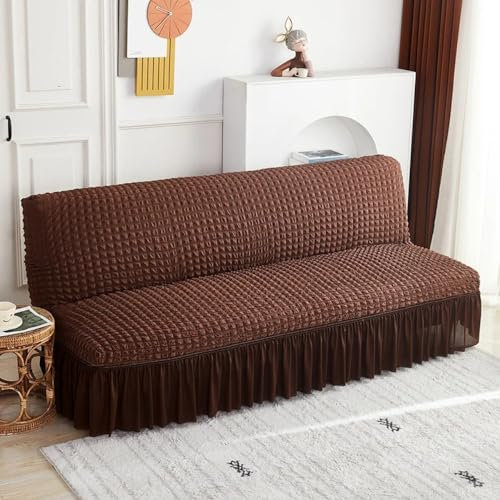 OKJK Sofabezug ohne armlehnen, Seersucker Sofa überzug mit Rock, für Wohnzimmer Schlafzimmer Sofaschoner rutschfest, einfarbiger Möbelschutz, pflegeleicht (Coffee,M 160-190cm)