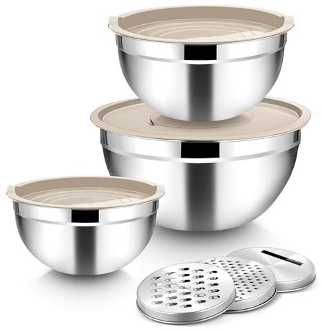 Joyfair Lot de 3 bols mélangeurs en acier inoxydable avec couvercle hermétique et 3 râpes - Saladiers pour pâtisserie/cuisine/préparation, empilables et passent au lave-vaisselle - 4,5 l/2,7 l/1,5 l -