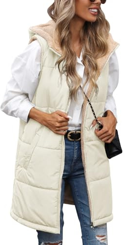 RITOSTA Gilet Donna Lungo Giacca Invernale Caldo Giubbotto Termica Smanicato Cappotto Senza Maniche Elegante Piumino Lunga Parka Giacche con Cappuccio Tasche Cerniera Intera (Khaki,XL)