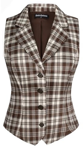 SCARLET DARKNESS Ärmellose Weste Mittelalter Kleidung Damen Vintage Plaid Anzugweste V-Ausschnitt Trachtenmieder Braun L