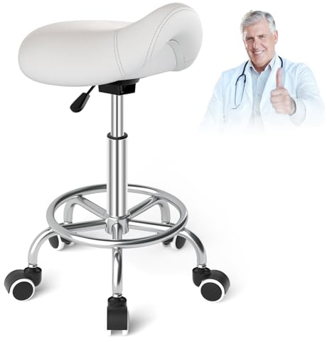 Tabouret de selle de cheval anti-mal de dossier, tabouret ergonomique avec roues, tabouret esthétique réglable en hauteur de 46 à 59 cm, tabouret avec roues rembourrées pour dentiste, blanc