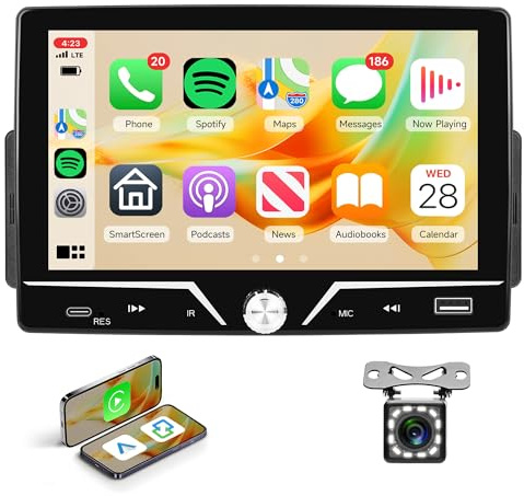 CarPlay bilradio, 1 DIN med Android Auto, iOS/Android MirrorLink, Bluetooth handsfree-system, 7-tums pekskärm, bilradio med Bluetooth, FM-radio, USB/Type C/EQ, rattreglage och backkamera