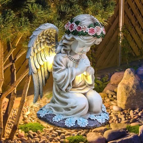 Vmxlso Engel für Grab Wetterfest, Solar Engel Figur, Grabengel Wetterfest mit Led Solarleuchten, wasserdichte Betende Grabengel, Grabschmuck Wetterfest für Friedhof Outdoor Gartendekoration 20,5cm