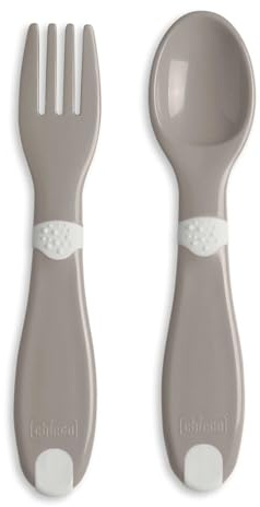 Chicco Prime Posatine in Plastica, Posate Per Bambini, Forchetta E Cucchiaio, Piccole, Leggere, Facili Da Impugnare, Finitura Antiscivolo, 12M+, 2 Pezzi, 0% BPA, Grigio