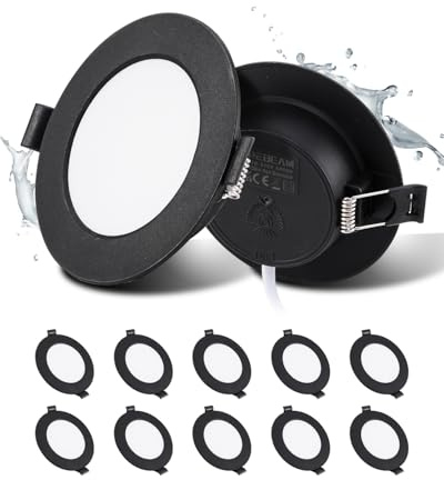 Grebeam 10-pack LED infällda spotlights 230V, 5W badrumsarmatur, IP44, 450LM, ultratunn 25mm, neutralvitt 4000K, håldiameter 75–90mm, svarta takspotlights för kök och sovrum