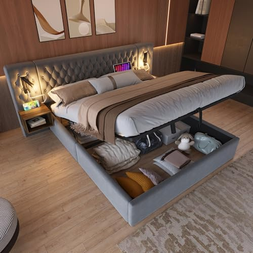 Juego completo de dormitorio, cama acolchada 180×200cm, cama doble con 2 mesitas de noche, cabecero de luz para lectura con función de carga USB, cama hidráulica con espacio de almacenamiento