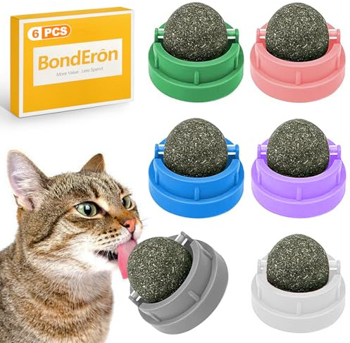 BondEron Katzenminze Bälle 6er Set mit Wandhalterung, Drehbar Katzenspielzeug für Katzen, Interaktive Catnip Spielbälle zur Beschäftigung und Entspannung
