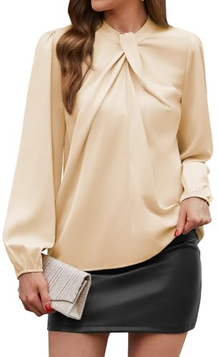 PASUDA Chemisier Femme Satin Blouse Chic et Élégant à Manches Longues Haut Col Noué Ample Chemise Couleur Unie Tunique Top de Soiree Bureau Business Fête (Champagne, S)