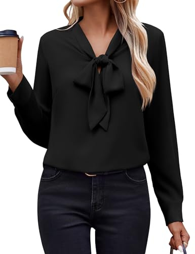 Zeagoo Womens Fall Clothes Chiffon Dress Shirts Bow Tie Neck Tops Office Ladies Black Blouses