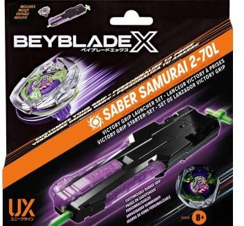 cavernedesjouets Coffret toupie - pour Beyblade x Pack Saber Samurai 2-70l - Set toupie + Lanceur Lanceur Victory à Prise - Type Attaque + 1 Carte