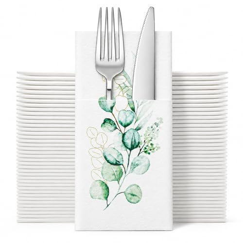 HSYTEK 50 Stück Besteckservietten, Servietten Eukalyptus, Servietten Hochzeit, Serviettentaschen für Besteck, Bestecktasche für Tischdeko, Taufe, Kommunion, Geburtstag (40x40cm)