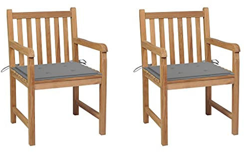 Drainlyn Trädgårdsstolar 2 st med grå kudde av massivt teak väderbeständig stapelbar bekväm för balkong terrass och utomhusanvändning med bekvämt vadderat dyna