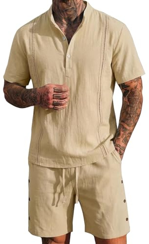 Floracle Herr går ut kläder bomull linne ståkrage sommar skjorta knapp och vardagliga shorts med fickor elastisk midja och dragsko träningströjor set kläder för sommarpromenader, Khaki, S