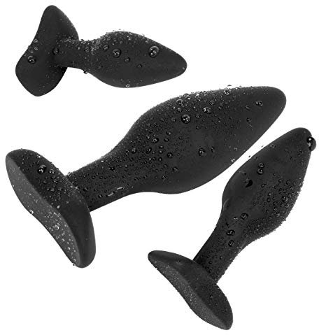 Belmalia 3X Anal-Plug with Stable Foot, Silicone Triple Set Ø 30 Ø 40 Ø 45 mm, Butt-Plug Black - Erotic Adult Toys