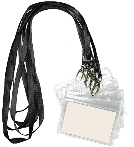 Lanyard with ID Holder 50 Pcs Waterproof Name Tag Horizontal Badge ID Card Holders ID Pass Holder and 50 Pcs Flat Neck Black Lanyards Swivel Hook