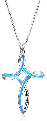 WINNICACA keltisches knoten Halskette Sterling Silber Erstellt Blue Opal Faith Kreuz Anhänger Halskette Muttertag für Frauen Mädchen, graviert Faith Hope Love