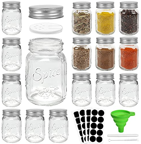 CycleMore 15 Pack 4oz Glass Mason Spice Jars, Round Spice Containers with Silver Metal Caps and Pour/Sift Shaker Lids-40pcs Labels,1pcs Silicone Collapsible Funnel,1pack Brush and 1 Pen Included