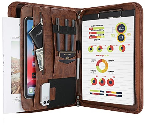 ProCase Portfolio Business Padfolio Folder with Zipper, Conference Meeting Executive File Legal Document Organizer with Pockets Letter Size A4 Writing Pad Notepad Padfolio -Brown