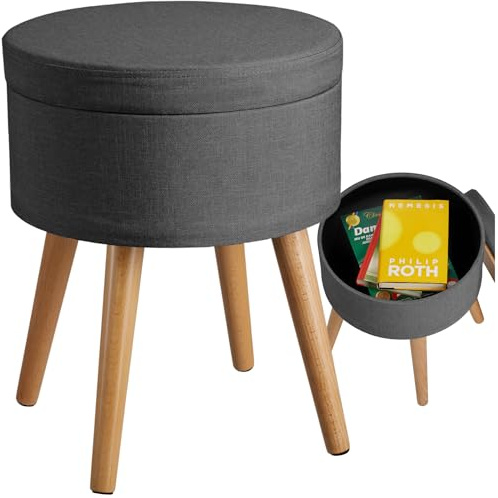 tectake® Storage Stool with Hidden Compartment, Upholstered Storage Ottoman in Linen Look with Reversible Lid & Beech Legs, 300 kg Load Capacity, Multi-Purpose Footstool & Side Table - Dark Grey