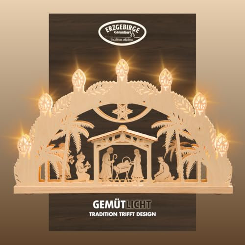 weigla - Schwibbogen original Erzgebirge I Lichterbogen Weihnachten I Motiv Betlehem I 7 Lampenkerzen + 1 Ersatzlampe I 7 x 34 V, 3 W, E10 I beleuchtete Weihnachtsdeko innen