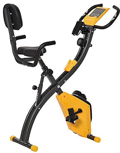 HOMCOM Vélo d'Appartement Pliable 4-en-1 - Ergomètre Magnétique Silencieux avec Cordes de Résistance - Sport Maison et Cardio-training avec Roulettes, Selle Confort et LCD (Max 120kg), Jaune