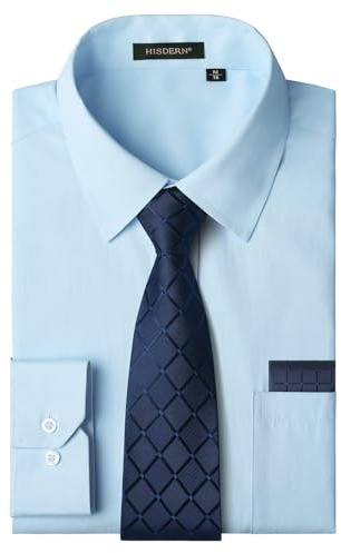 HISDERN Chemise Bleu Homme Manches Longues Formelle Chemises Business avec Cravate Habillée Chemise Mariage Casual avec Poche Regular XXL