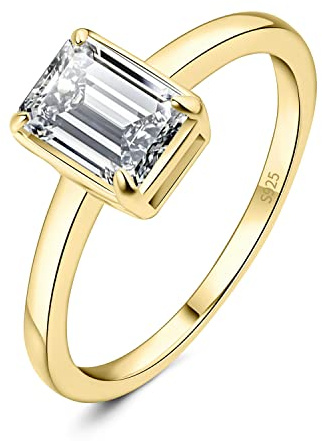 JewelryPalace Classic 1ct Emerald Cut Cubic Zirconia Solitaire Engagement Rings for Women, 14K Yellow Gold Plated 925 Sterling Silver Promise Ring for Her, Simulated Diamond Anniversary Wedding RingsN