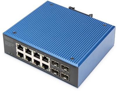 DIGITUS Switch di Rete Poe - 12 Porte Gigabit Ethernet - 8X RJ45 + 4X SFP - IP40-10/100/1000 Mbit/s - Montaggio su Guida DIN - Serie Industriale - Nero/Blu