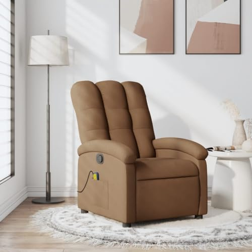 Gecheer Poltrona massaggiante reclinabile, Schienale Regolabile 135 Gradi, poggiapiedi Regolabile, 6 Punti Vibrazione, Tessuto Marrone, 70x93x101 cm, Poltrona da TV per Anziani