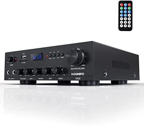 NEOHIPO SA20 Verstärker HiFi Stereoav Receiver Bluetooth Verstärker 500 Wx2, 2.1 Kanal, Mit Echo/Balance-Regler, Mit USB/SD/RCA/MIC/FM-Eingang und Cinch-Ausgang, mit Fernbedienung