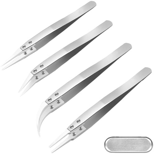 ZHUROUPU Ceramic Tweezers Stainless Steel Ceramic Tip Tweezers DIY for Electrical Operation, 4 Pcs Heat Resistant 1600C electronics tool kit ceramic tweezers for Computer, Laboratory Soldering Work