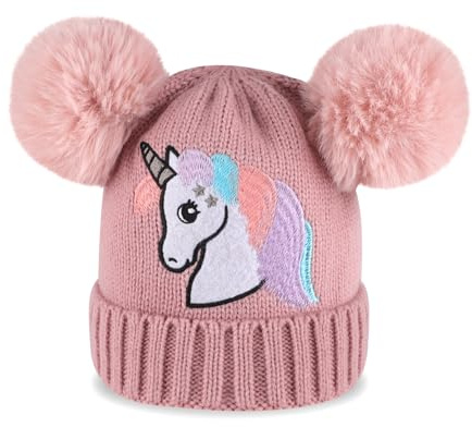 Cheerful Mario Hiver Bonnet à Tricoter avec Pompons pour Enfant Fille 3-9 Ans Licorne Mignonne Doublure en Peluche Chaude Rose-C