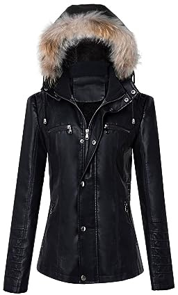 KHIRVWL Giacca di Pelle Invernale Donna Giubbotto e Tasche con Cerniera Giubbino Biker Vintage Giacche da Donna Giacca Moto Casual con Cappuccio in Similpelle Autunno e Inverno Giacca con Cappuccio
