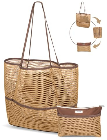 ToKismet Mesh Beach Tote Bag Packable,2026 New 2-in-1 Large Lightweight Foldable Beach Bags with Multiple Pockets for Women (Khaki)