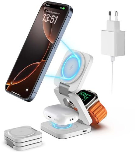 KU XIU Faltbar 3 in 1 Ladestation für Apple Watch und iPhone-kompatibel mit MagSafe Ladegerät Induktive Handy Ladestation-15W Wireless Charger für iPhone 16-12, Watch Ultra2,für AirPods(20W Ladegerät)