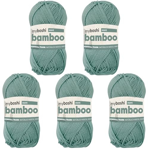 myboshi Bamboo, natürlich weiches Bambus-Baumwollgarn, zum Häkeln und Stricken, strapazierfähig, 50g, 125m, Grün (Agave) 5 Knäuel