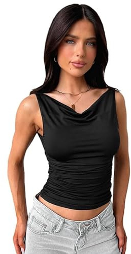Sukiglam Camiseta sin Mangas Mujer Verano Crop Tops Elegantes Cuello Drapeado Ajustada Tops Sexy Espalda Abierta Y2K Camisola Shirt Sexy Color Sólido Elasticidad Blusa Moda Chic Chalecos Top Fiesta