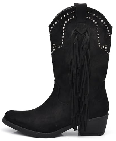 IF Texani Cowboy Western Scarpe da Donna Stivali Stivaletti Frange Borchie Camperos Etnici KL995 Nero N.37