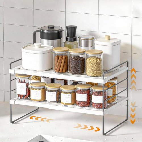 MICHIHOMIE Extendable Cupboard Organiser, Adjustable Height Kitchen Cupboard Storage for Plates, Cupboard Organiser for Spices Jars, Bottles - Space Saving, Easy Assembly
