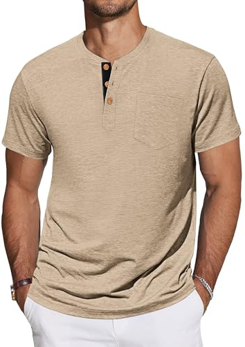TARAINYA Henley Tee Shirt Homme Cotton Manches Courtes M-4XL | 95% coton 5% élasthanne, Uni, Col 3 Boutons, Poche Poitrine, Regular‑Fit, Décontractées T-Shirt été